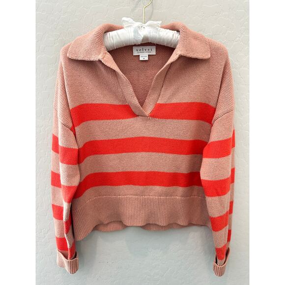 VELVET BY GRAHAM & SPENCER Striped Polo Sweater Tan Red Cotton Cashmere | XS - Picture 1 of 7